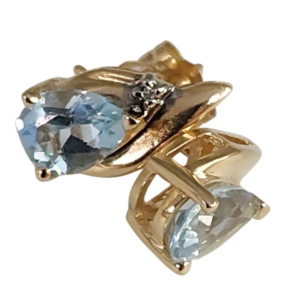 Vintage 14K Gold Natural Aquamarine & Diamond Pear -Cut Stud Earrings